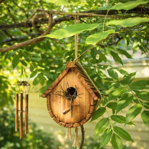 May include: A wooden birdhouse with a round entrance and a small perch hangs from a tree branch. The birdhouse has a pitched roof and is made of light brown wood. A wind chime hangs to the left of the birdhouse. Green leaves fill the background.