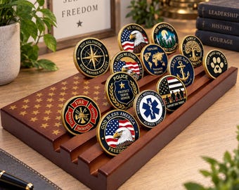 Challenge Coin Display Stand | Military Coin Holder Rack – Solid Wood American Flag | 6 Row Desktop Display
