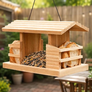 May include: A wooden bird feeder with a sloped roof, filled with birdseed and bread slices. The feeder is suspended by a black cord and designed to attract birds. The natural wood color blends with the outdoor setting.