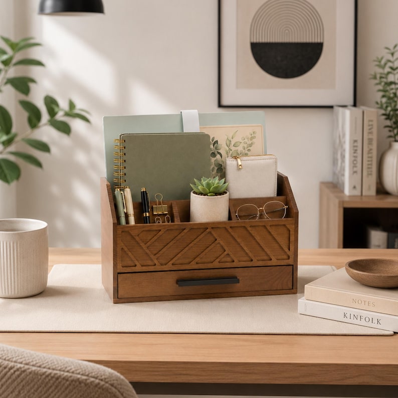 May include: A wooden desk organizer featuring a geometric carved front panel, multiple upright slots for notebooks and papers, small compartments for pens and accessories, a central potted succulent, and a single drawer with a black metal handle.