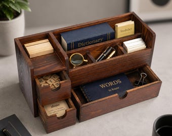 Wooden Desktop Organizer With Drawers | Cabinet Caddy Box For Office Table Storage