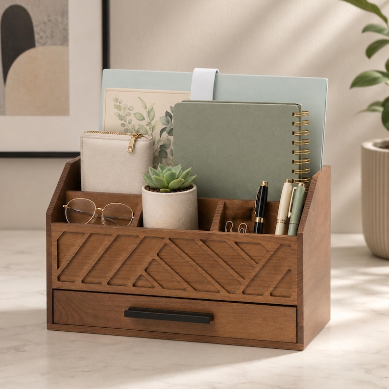 Solid Wood Desk Organizer with Drawer | Natural Wood Workspace Storage Caddy image 3