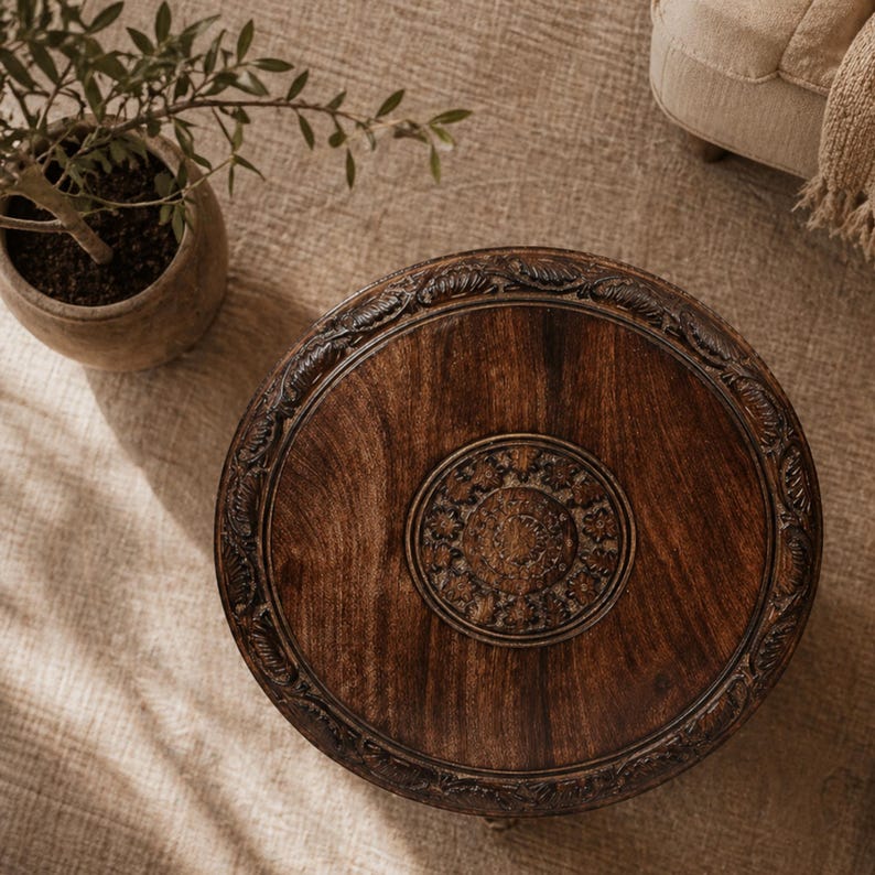 Rustic Farmhouse Round End Table | Solid Mango Wood Octagonal Side ...