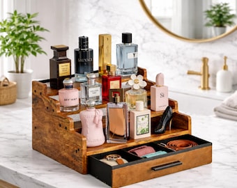 Wooden Cologne Organizer with Drawer – 3 Tier Cologne Display Shelf | Perfume Holder for Vanity