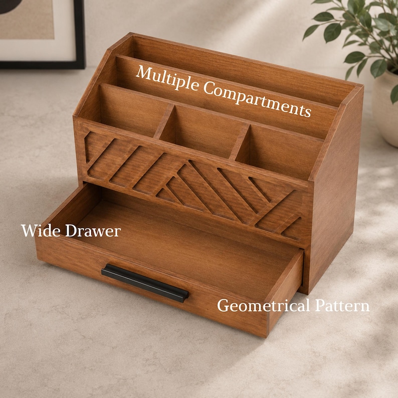 May include: A brown wooden desk organizer featuring multiple compartments for storage, a wide drawer with a black handle, and a front panel decorated with a geometrical pattern. The text Multiple Compartments, Wide Drawer, and Geometrical Pattern are visible.