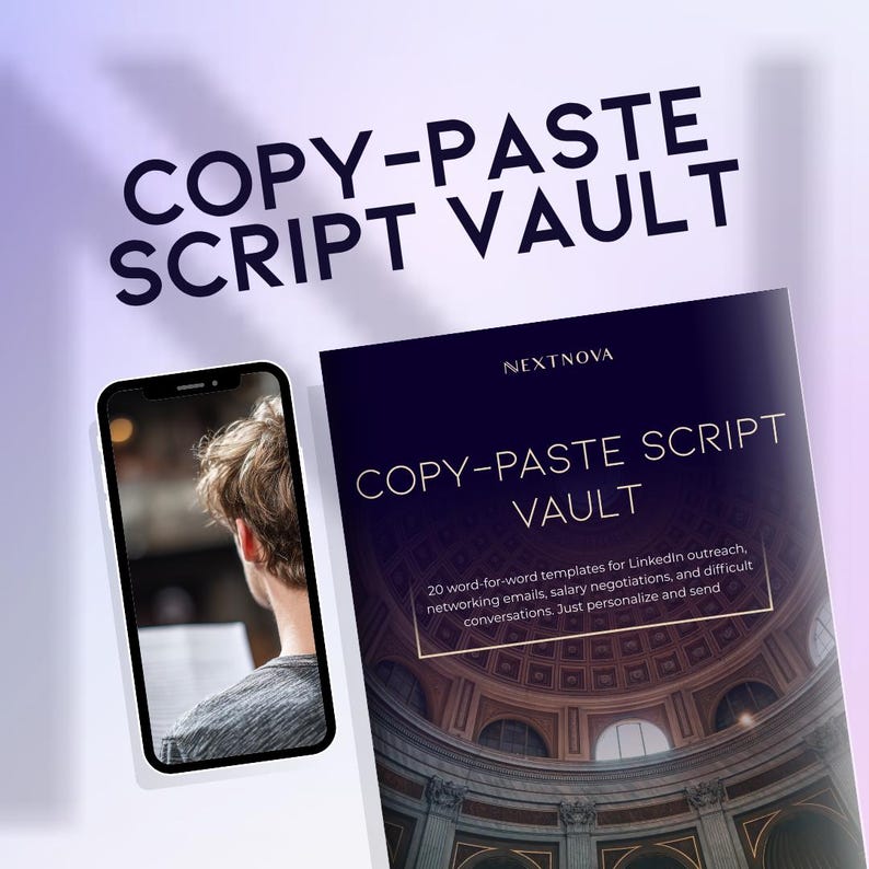 May include: A smartphone showing a person reading, beside a book titled "COPY-PASTE SCRIPT VAULT." The book cover is dark blue with white text and a building image. The text on the book says "20 word-for-word templates for LinkedIn outreach."