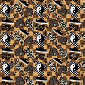 May include: A repeating pattern featuring black trainers, beanies, yin-yang symbols, lightning bolts with the text "RAD LITTLE DUDE", and the words "Stone Boy" on a checkered and star-filled background.