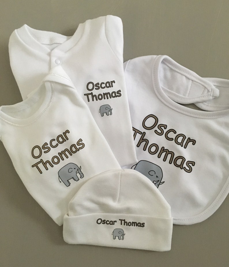 Great baby shower gift vest babygrow bib Elephant PERSONALISED baby sleepsuit new baby gift