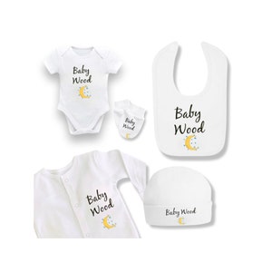 Unisex baby PERSONALISED hospital bag set moon & stars sleepsuit, bodysuit, bib, hat, mitts baby shower new gift hospital bag ANY NAME