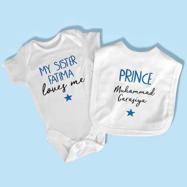 Baby boy PERSONALISED sleepsuit, bodysuit, bib, hat, romper sets baby shower, new baby gift, baby boy clothing, Auntie, Grandma, Uncle