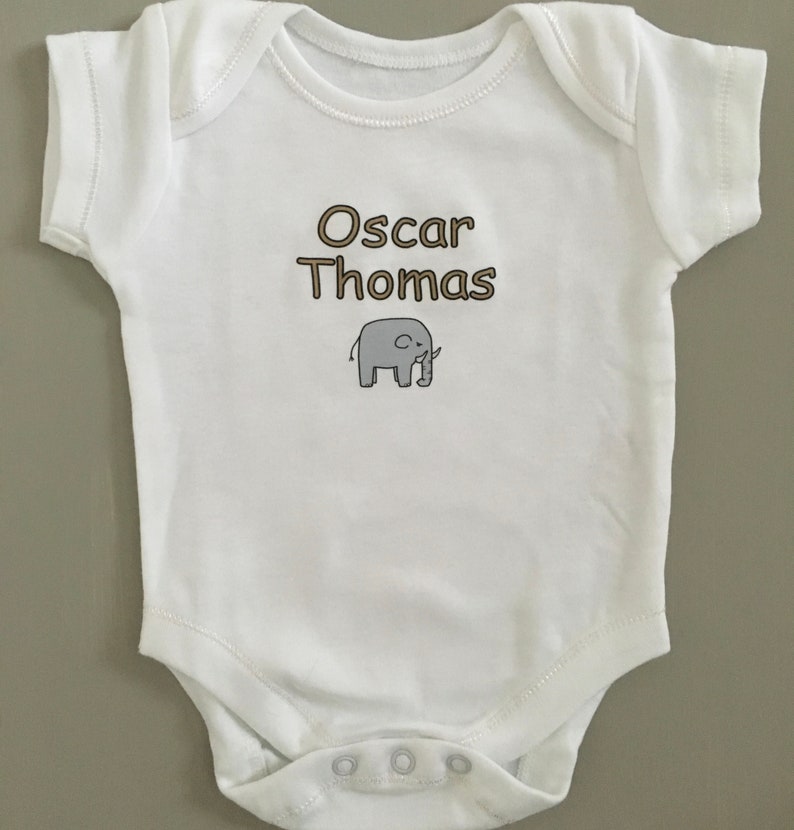 Great baby shower gift vest babygrow bib Elephant PERSONALISED baby sleepsuit new baby gift