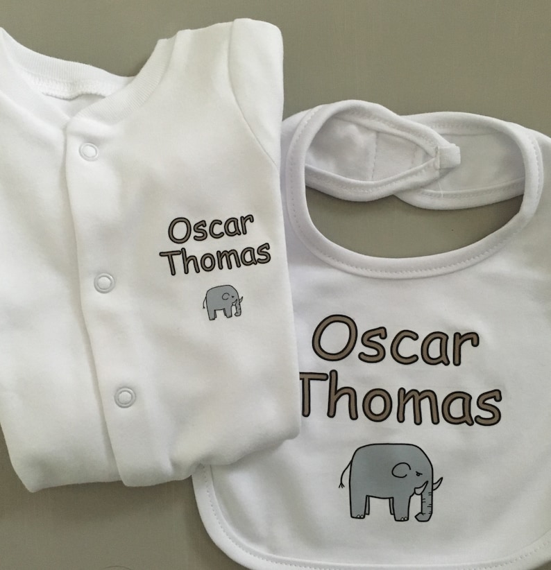 Great baby shower gift vest babygrow bib Elephant PERSONALISED baby sleepsuit new baby gift