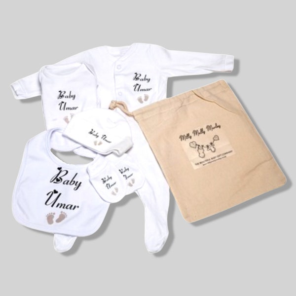 PERSONALISED hospital bag set, footprints sleepsuit, bodysuit, bib, hat, mitts  in pink, blue or beige baby shower, new gift, hospital bag