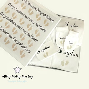 PERSONALISED gift set babygrow footprint sleepsuit, bodysuit, bib, hat, mitts and gift box in pink, blue or beige