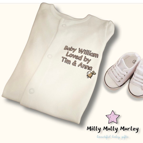 PERSONALISED Unisex babygrow BEE sleepsuit baby shower gift, new baby gift naming outfit