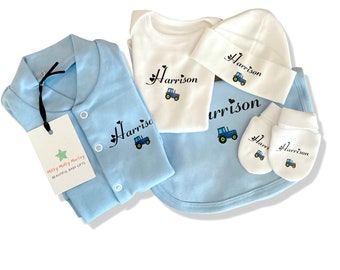 PERSONALISED babygrow boy tractor clothing set Sleepsuit, bodysuit bib hat mitts.  Baby blue, personalised, coming home outfit, baby shower