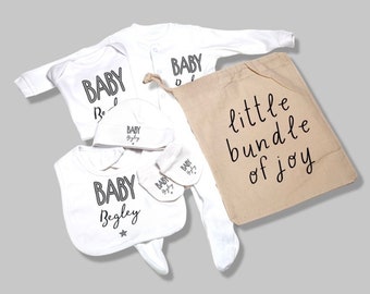 PERSONALISED baby hospital bag set, coming home outfit, unisex  sleepsuit, bodysuit, bib, hat, mitts  baby shower, new gift,  naming outfit