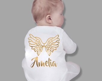 PERSONALISED Gold angel print baby sleepsuit babygrow ANY NAME great baby shower gift, unisex, girls, boys baby clothing
