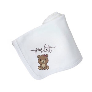 Personalised baby girl blanket, baby bear, baby shower gift, new baby gift, cotton white blanket