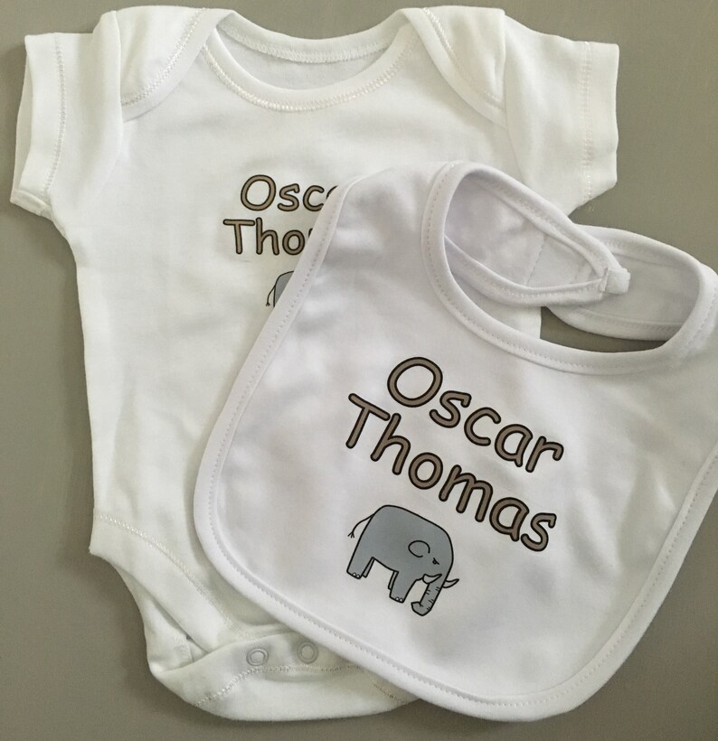 Great baby shower gift vest babygrow bib Elephant PERSONALISED baby sleepsuit new baby gift