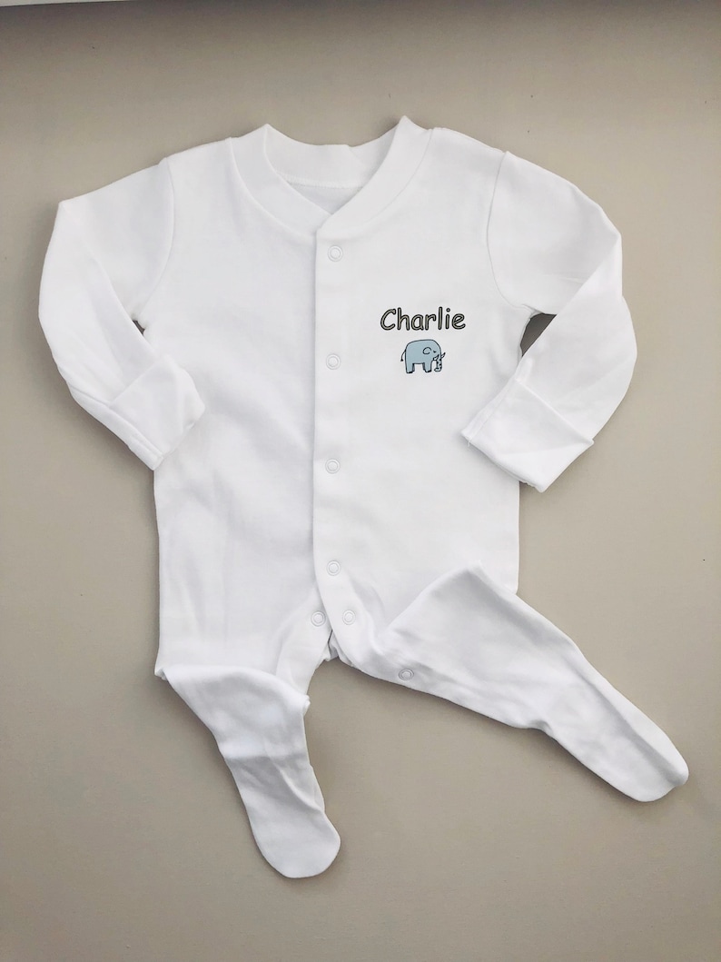 Great baby shower gift vest babygrow bib Elephant PERSONALISED baby sleepsuit new baby gift