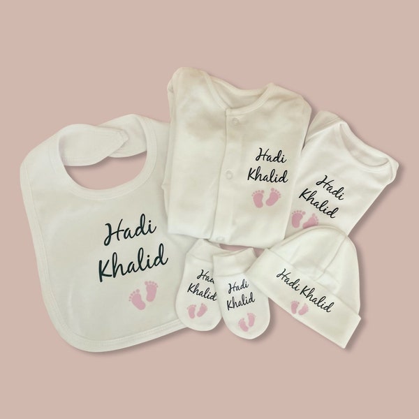 Baby feet PERSONALISED hospital set, sleepsuit, bodysuit, bib, hat, mitts  pink feet, coming home outfit, baby shower, new gift hospital bag