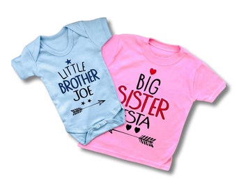 PERSONALISED Brother/sister sibling bodysuit and T-shirt blue, pink or white. Baby brother baby sister new baby gift big sister big brother
