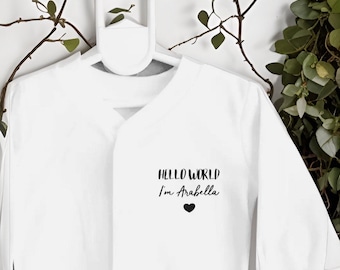 PERSONALISED unisex babygrow.  HELLO WORLD babygrow, vest, bodysuit, hat with any name baby shower gift naming outfit