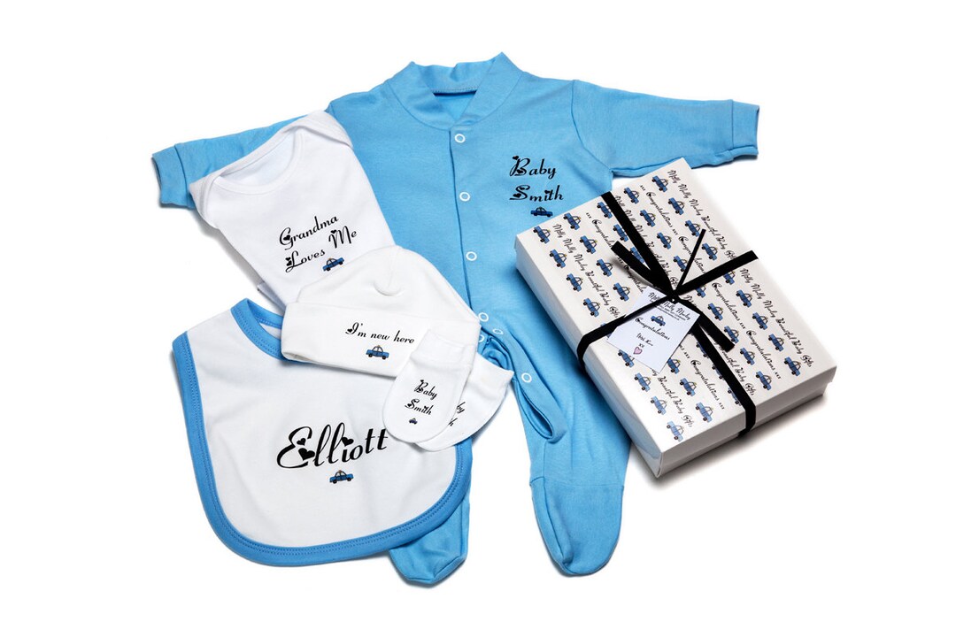 Personalised New Baby Gift Set, Blue Sleepsuit, Bib, Hat & Mittens - Etsy