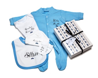 Personalised New Baby Gift Set, Blue Sleepsuit, Bib, Hat & Mittens
