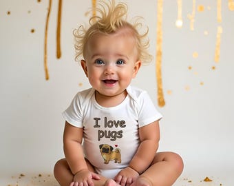 I LOVE PUGS unisex baby clothing, choice of vest, sleepsuit and bib or sleepsuit, vest and bib