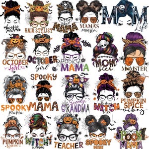 Può includere: Una collezione di venti illustrazioni digitali raffiguranti personaggi stilizzati con chignon, occhiali e accessori a tema Halloween come zucche, ragnatele, pipistrelli e teschi. Ogni design include testo come Spooky Mama, Pumpkin Spice Vibes e Mom Life, reso con vari caratteri e vivaci tavolozze di colori arancione, viola e nero.