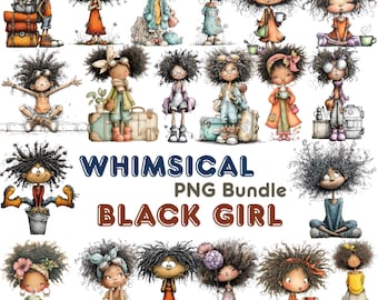Whimsical Black Girl PNG Bundle, Afro Melanin Beauty Illustrations (Digital Download)