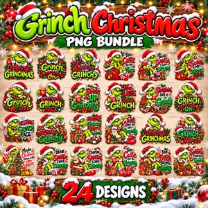 Peut inclure: Une collection numérique de 24 designs PNG de Noël Grinch représentant le personnage vert dans diverses scènes de vacances avec du texte comme Merry Grinchmas, Grinch Mode On et Too Cute to be Nice, sur un fond en bois clair avec de la neige.