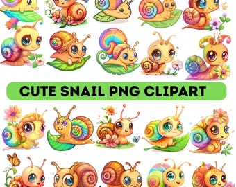 Snail PNG Clipart Bundle, Kawaii Animal Sublimation Design (Digital Download)