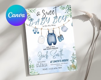 Boy Baby Shower Invitation, Laundry Clothesline Theme (Editable Template)