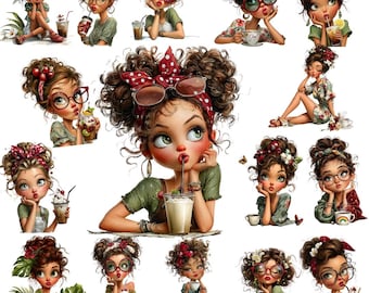 Summer Coffee Girl Clipart Bundle | Boho Retro Floral Women PNG (Digital Download)