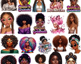 Elegant Black Woman Clipart PNG Bundle, 20 Afro Curly Hair Fashion Portraits for Designers