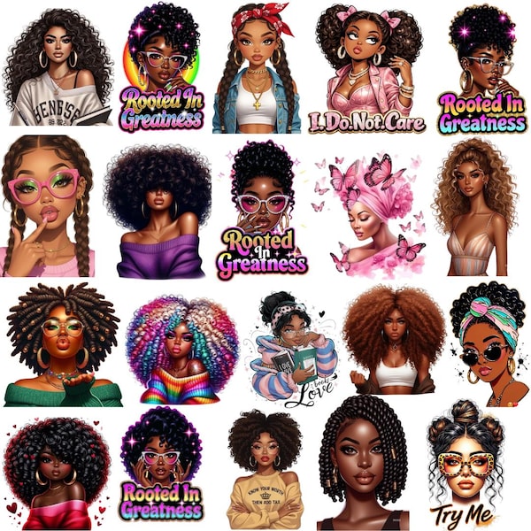 Elegante schwarze Frau Clipart PNG Bundle, 20 Afro Lockiges Haar Mode Porträts für Designer