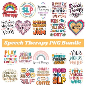 Może przedstawiać: Cyfrowa kolekcja projektów graficznych o tematyce logopedycznej z kolorowymi tęczami, sercami i typografią. Frazy obejmują Speech Therapy, SLP, Communication Looks Different For Everyone, Speech Therapy Vibes, Your Words Matter oraz Tiny Voices Big Wins.