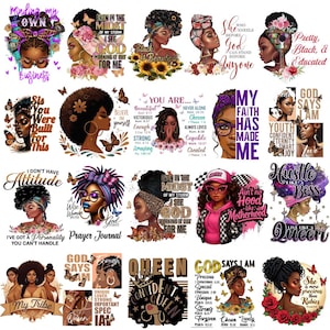 Könnte beinhalten: Eine Sammlung farbenfroher Grafikdesigns mit Porträts von schwarzen Frauen mit inspirierenden Zitaten und floralen Akzenten. Die Designs enthalten Sätze wie "Black is Beautiful", "Hustle Like a Boss" und "Confident Queen."