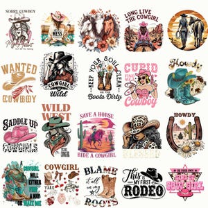 May include: A selection of cowboy-themed graphic designs in various colours. The designs feature cowgirls, horses, cowboy boots, and phrases such as "Cowgirl Wild," "Saddle Up Cowgirls," and "This is my first Rodeo." The colour palette includes pink, turquoise, and brown.