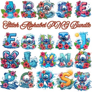 Op de afbeelding: Een verzameling alfabetletters, elk met het personage Stitch, omringd door golven en hibiscusbloemen. De letters zijn in verschillende blauwtinten, met rode en roze bloemaccenten. De tekst "Stitch Alphabet PNG Bundle" staat in een bruin script.