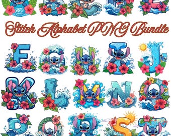 Stitch Alphabet PNG Bundle, Blue Alien Cartoon Letters( A-Z) (Digital Download)
