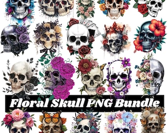 Floral Skull PNG Bundle, Gothic Sunflower Clipart, Purple Floral Sublimation Design (Digital Download)