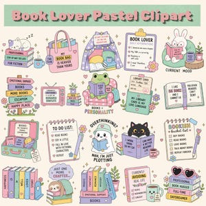 May include: A collection of pastel-colored digital illustrations featuring book-themed motifs, including stacks of books, a reading frog, a ghost, a cat, a rabbit, a tote bag, a to-do list, and various signs with text related to reading and books.
