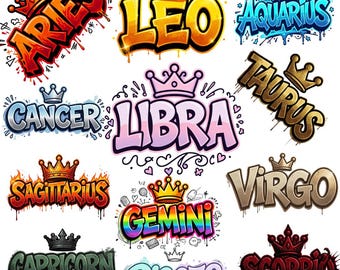 Graffiti Zodiac Signs PNG Bundle, Horoscope Astrology Clipart (Digital Download)