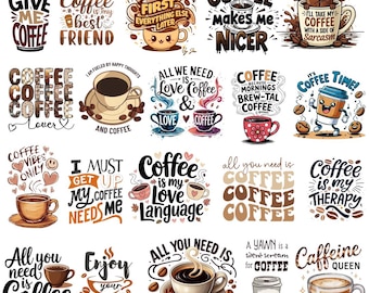 Coffee Lover PNG Bundle, Funny Quotes, Cup Graphics, Commercial Use, Digital Download