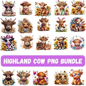 May include: A collection of colorful Highland cow PNG images. The cows are depicted with floral crowns, sunglasses, and other decorative elements. The text "HIGHLAND COW PNG BUNDLE" is displayed in a purple rectangle.