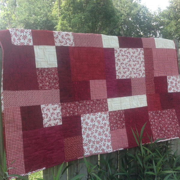 Patchwork Lap Quilt - Red and White, 48" by 65"